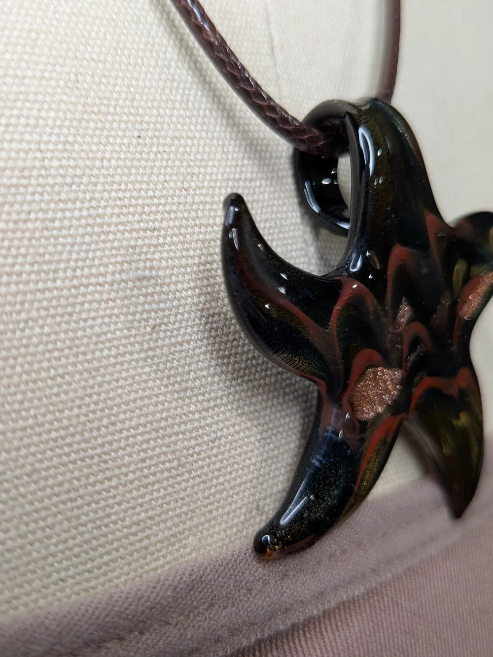 Art Glass Starfish Pendant Necklace Copper Aventurine Gold Shimmer
